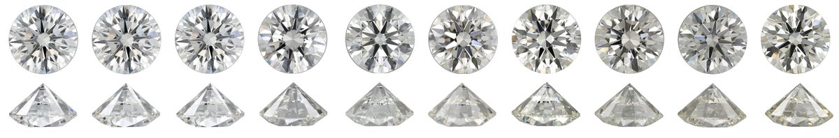 Ten round diamonds graded D through M, color warming from left to right